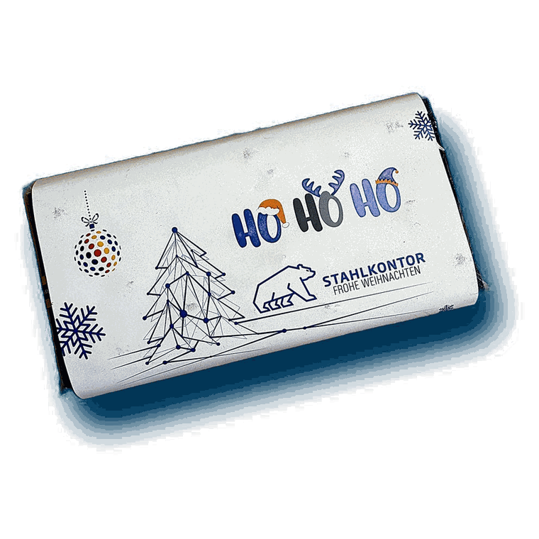Schokolade mit Logo im winterlichen Corporate Design eines Handelsunternehmens