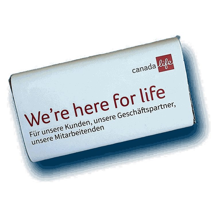 Firmenschokolade mit Claim und Logo im Corporate Design