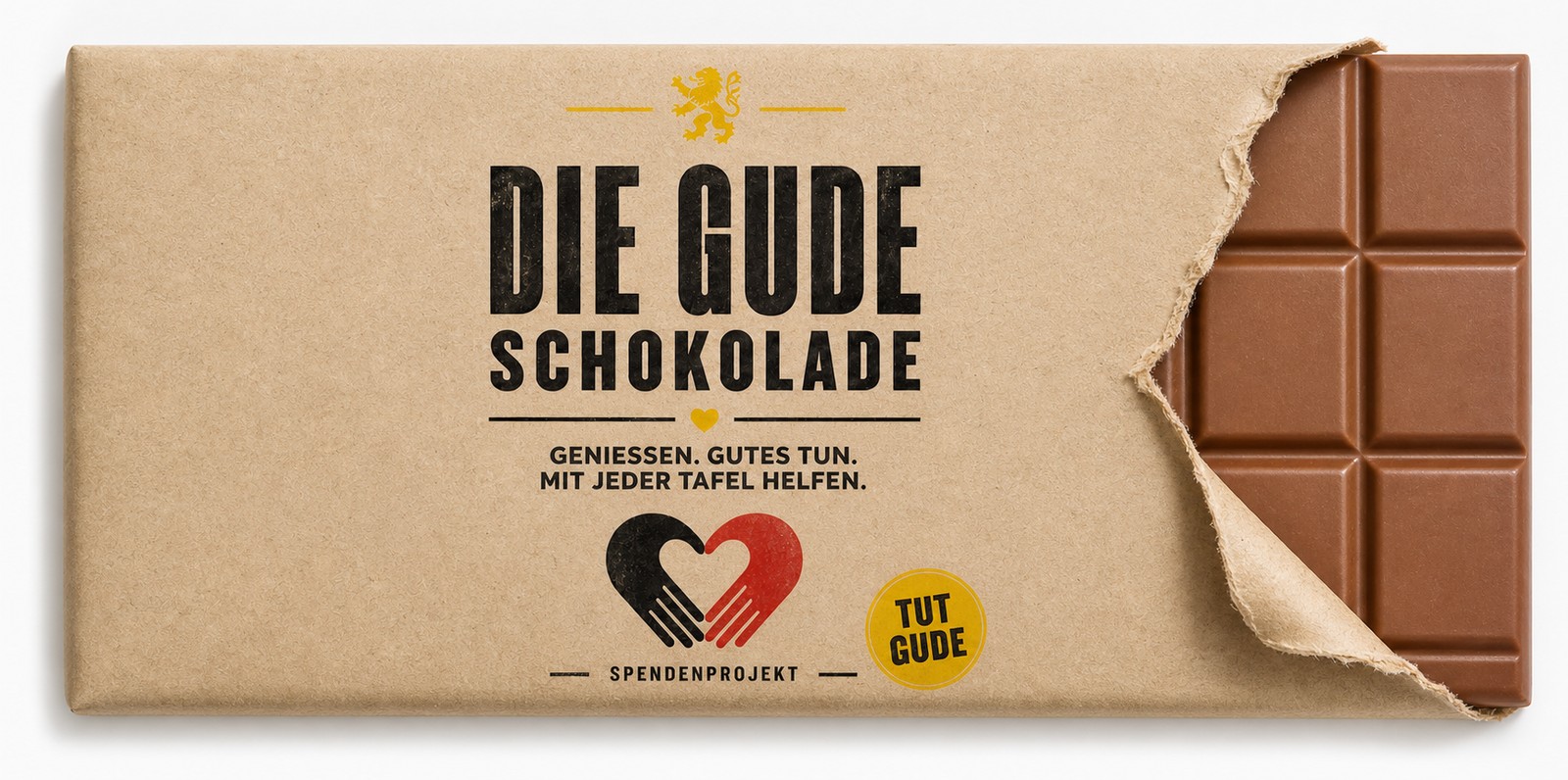 Muster der GUDE Spenden-Schokolade in Kraftpapier – Geniessen. Gutes tun. Mit jeder Tafel helfen.