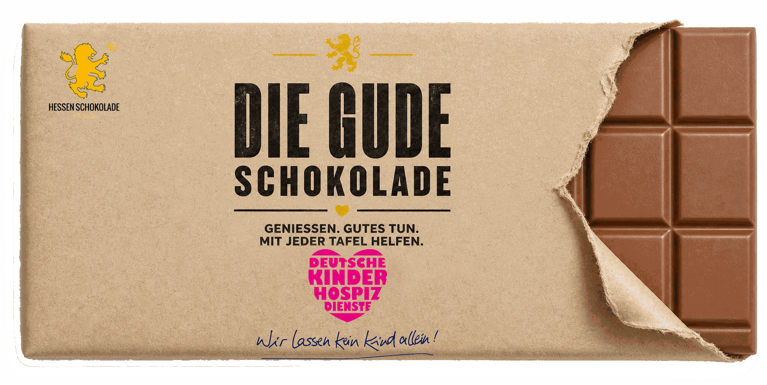 Muster der GUDE Spenden-Schokolade in Kraftpapier – Geniessen. Gutes tun. Mit jeder Tafel helfen.