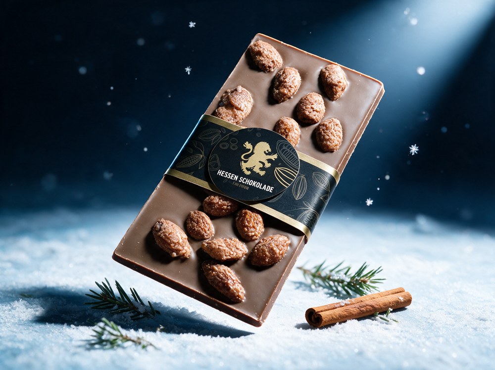 GUDE Winter Schokolade &ndash; handgesch&ouml;pfte Mandeltafel mit L&ouml;wen-Banderole von Hessen Schokolade